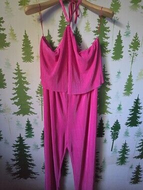 Intempo Halter Plisse Jumpsuit in Hot Pink
